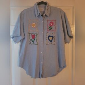 Vintage Blue embroidered button up shirt. 100 % cotton. Size medium